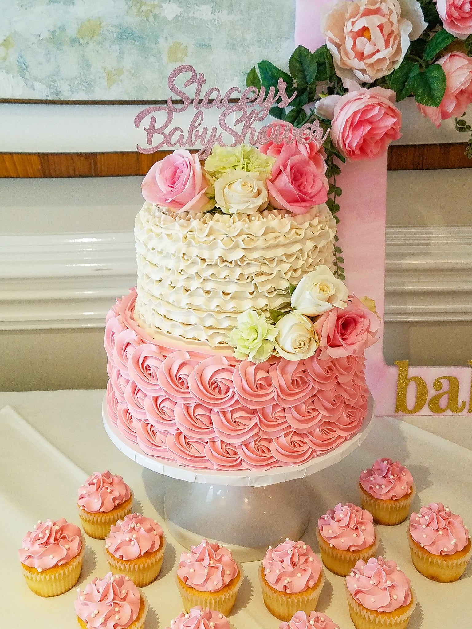 2 Tier Ivory, Rose gold & Gold cake with Doughnuts – Zara Cakes